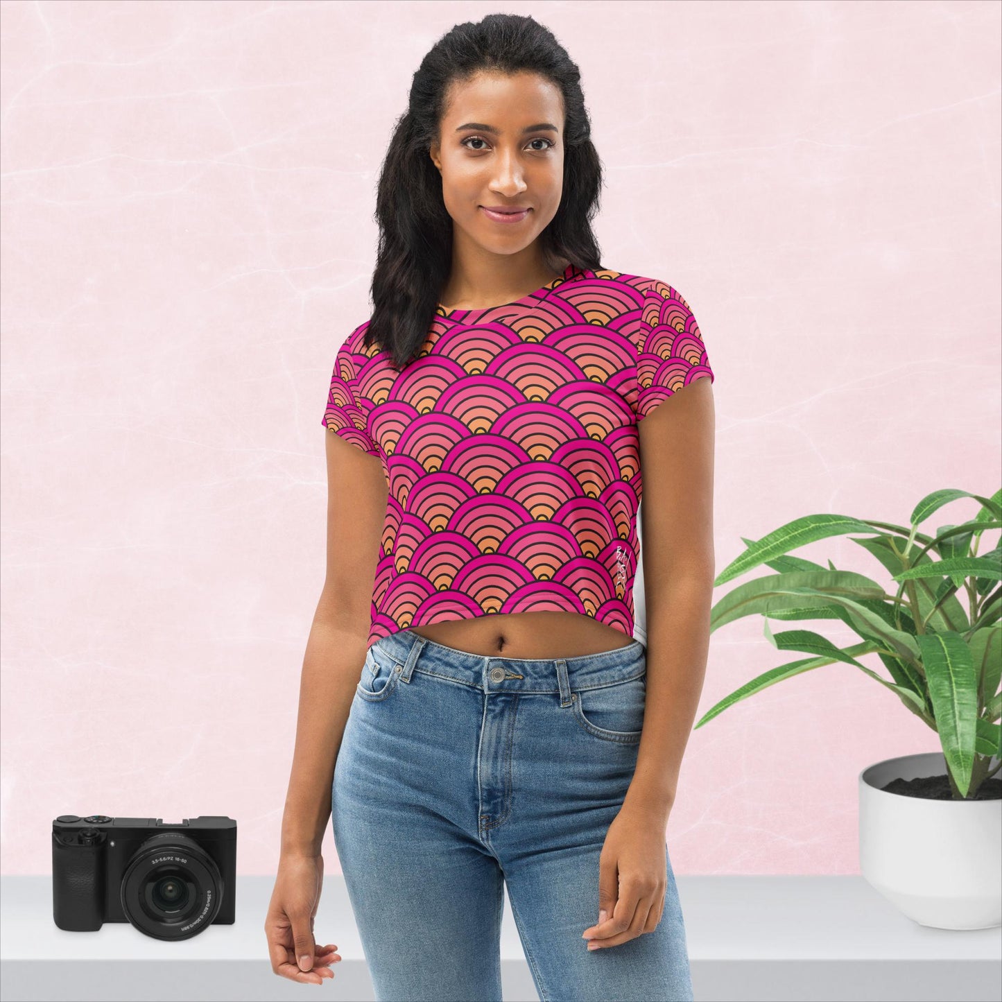 PinkYello Japanese Waves All-Over Print Crop Tee