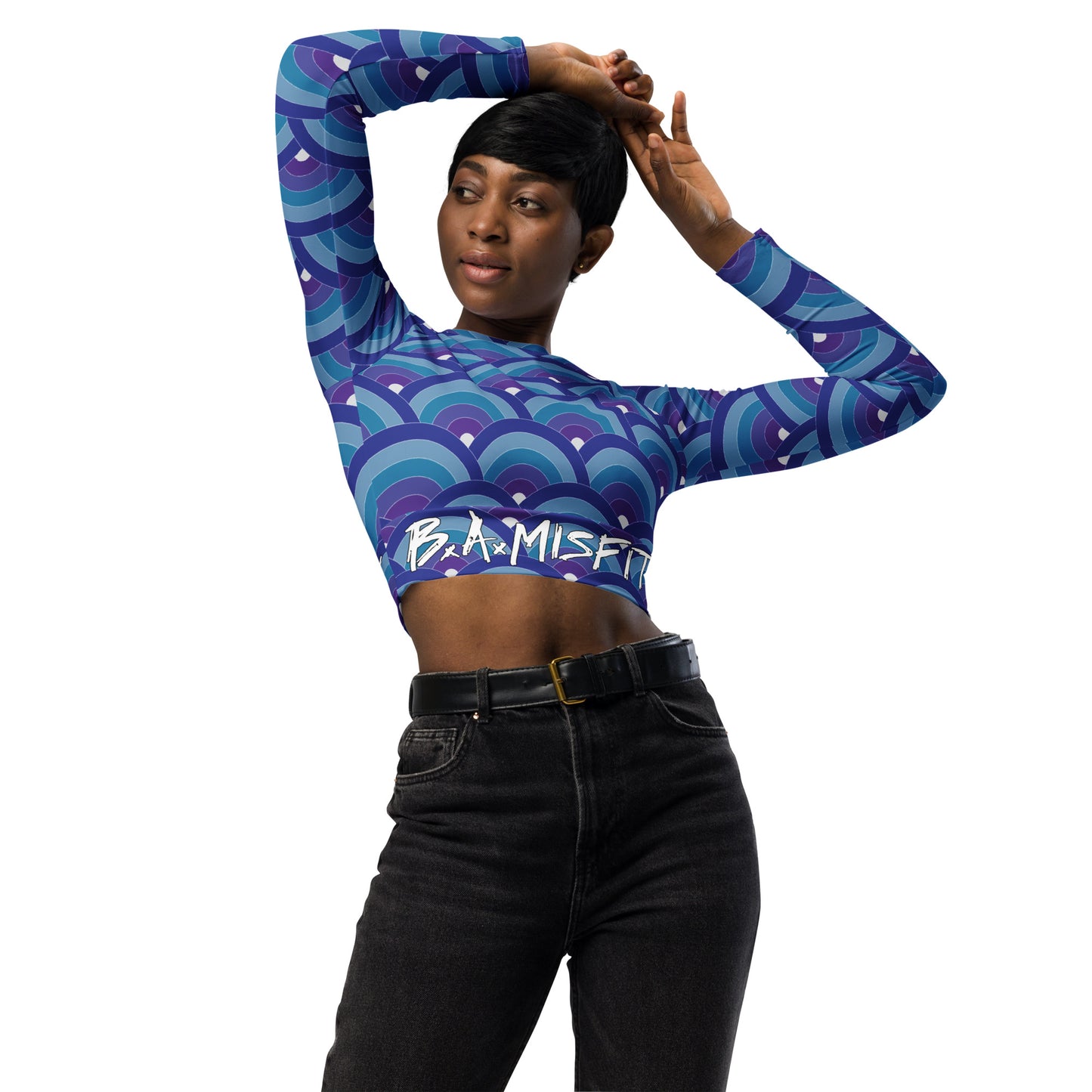 Purple & Blue Japanese Waves long-sleeve crop top