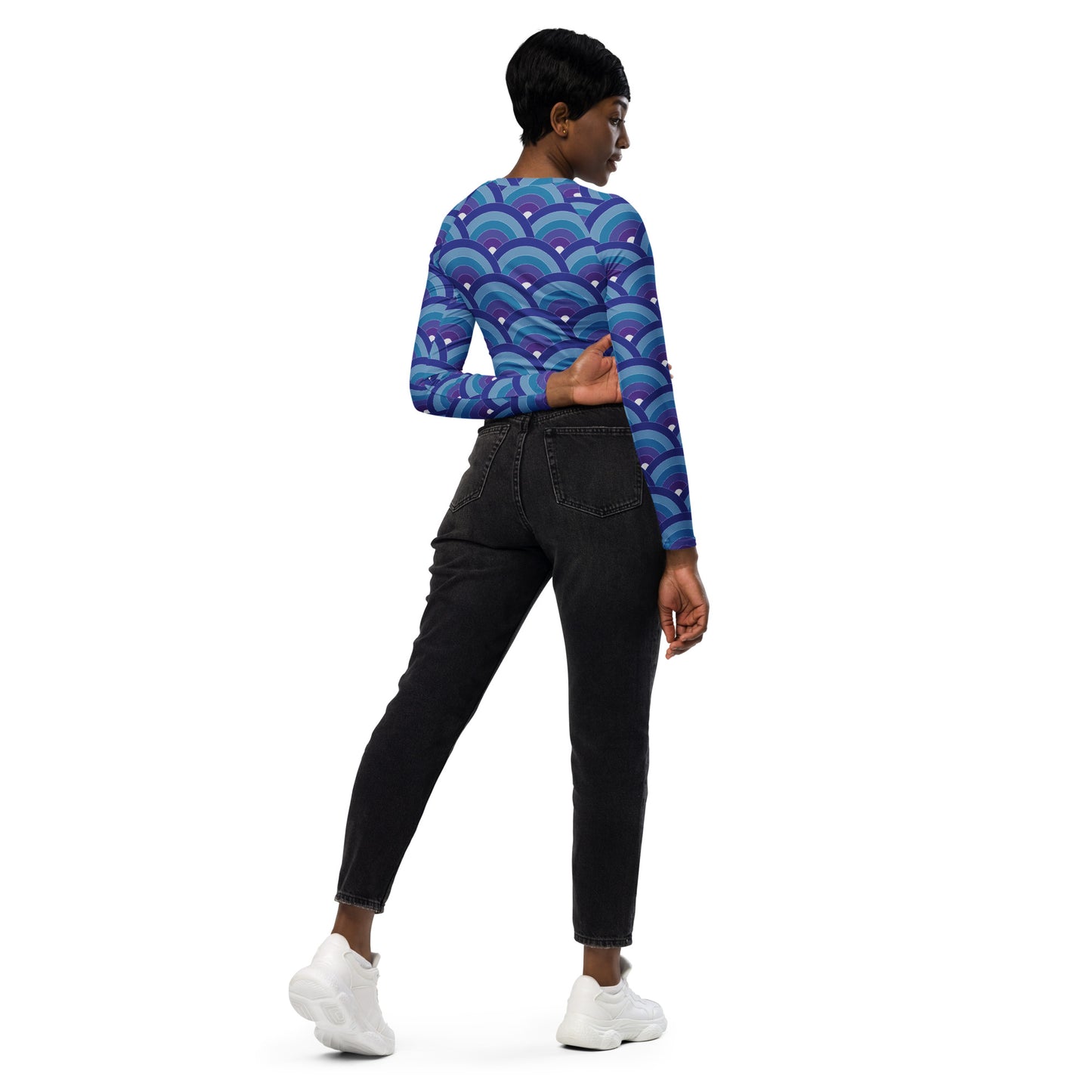 Purple & Blue Japanese Waves long-sleeve crop top